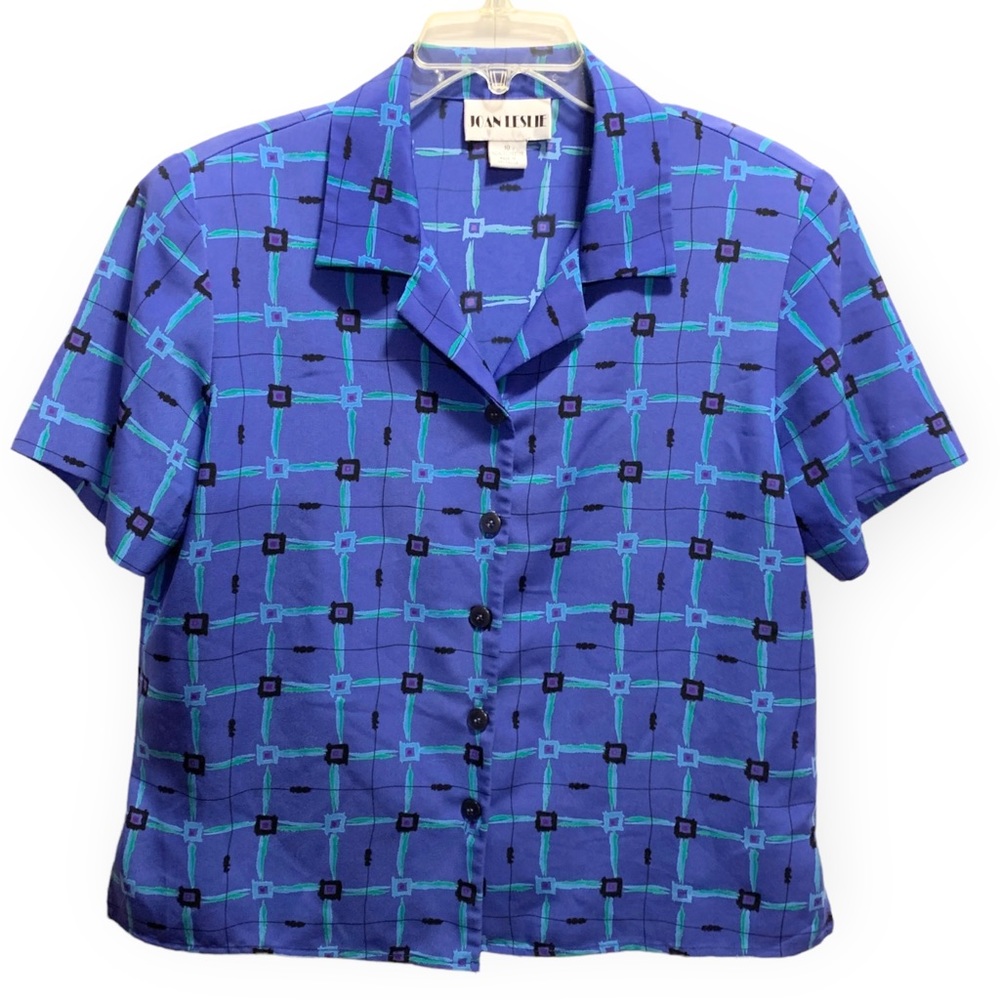 Vintage 80s 90s geometric short sleeve blue button down shirt Sz 10 M Y2K